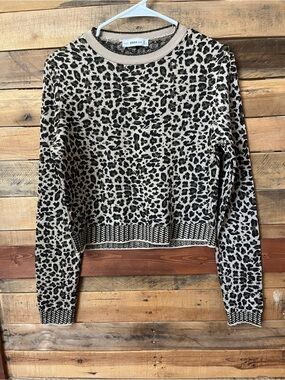 Zara Black and Beige Leopard-Print Crewneck Sweater